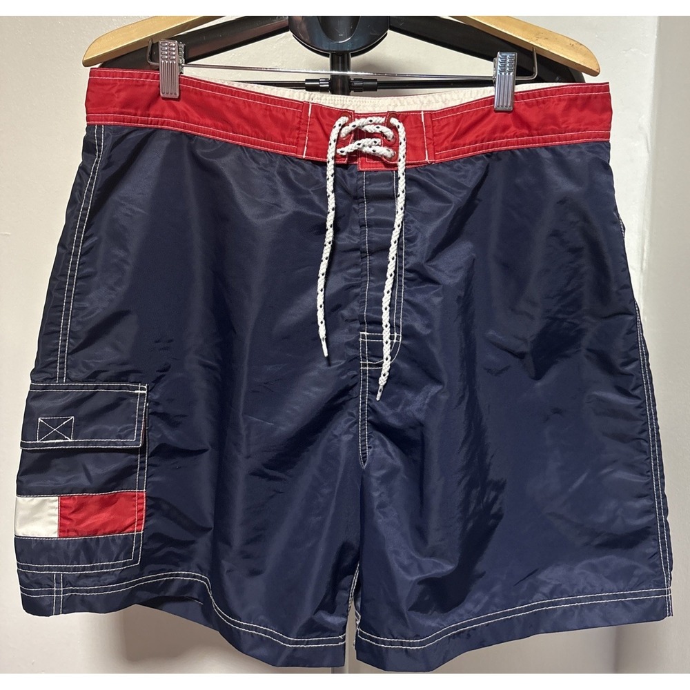 VTG Mens Tommy Hilfiger Swim Trunks Board Shorts Colorblock Blue Sz XL Lined